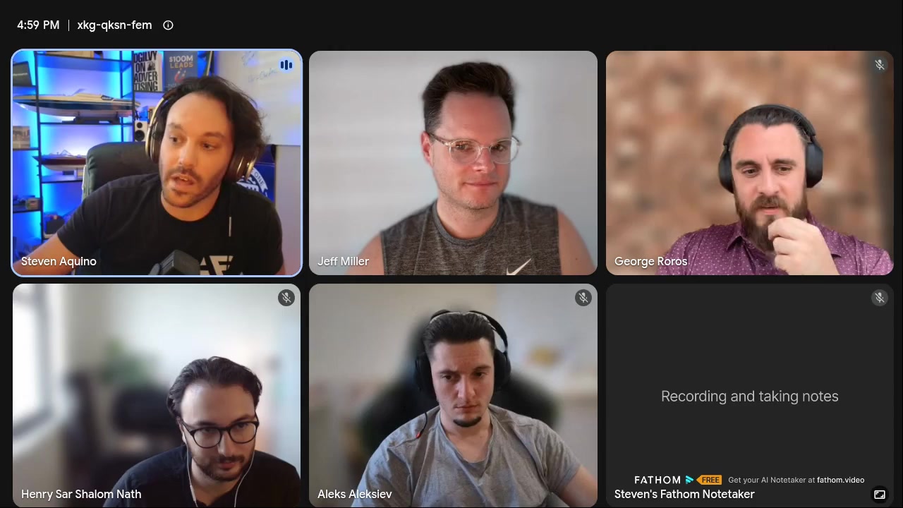 Steven leading a coaching call with Jeff Miller, George Roros, Henry Sar Shalom Nath, and Aleks Aleksiev
